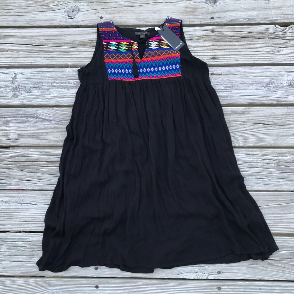 NEW Ladies 5TH & LOVE Black Tunic Embroidered Dress Tassel Tie S